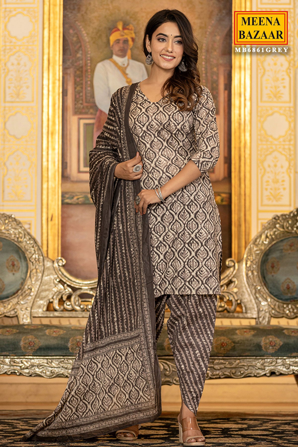 Grey Cotton Straight Kurta With Dhoti Pants & Dupatta