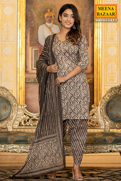 Grey Cotton Straight Kurta With Dhoti Pants & Dupatta