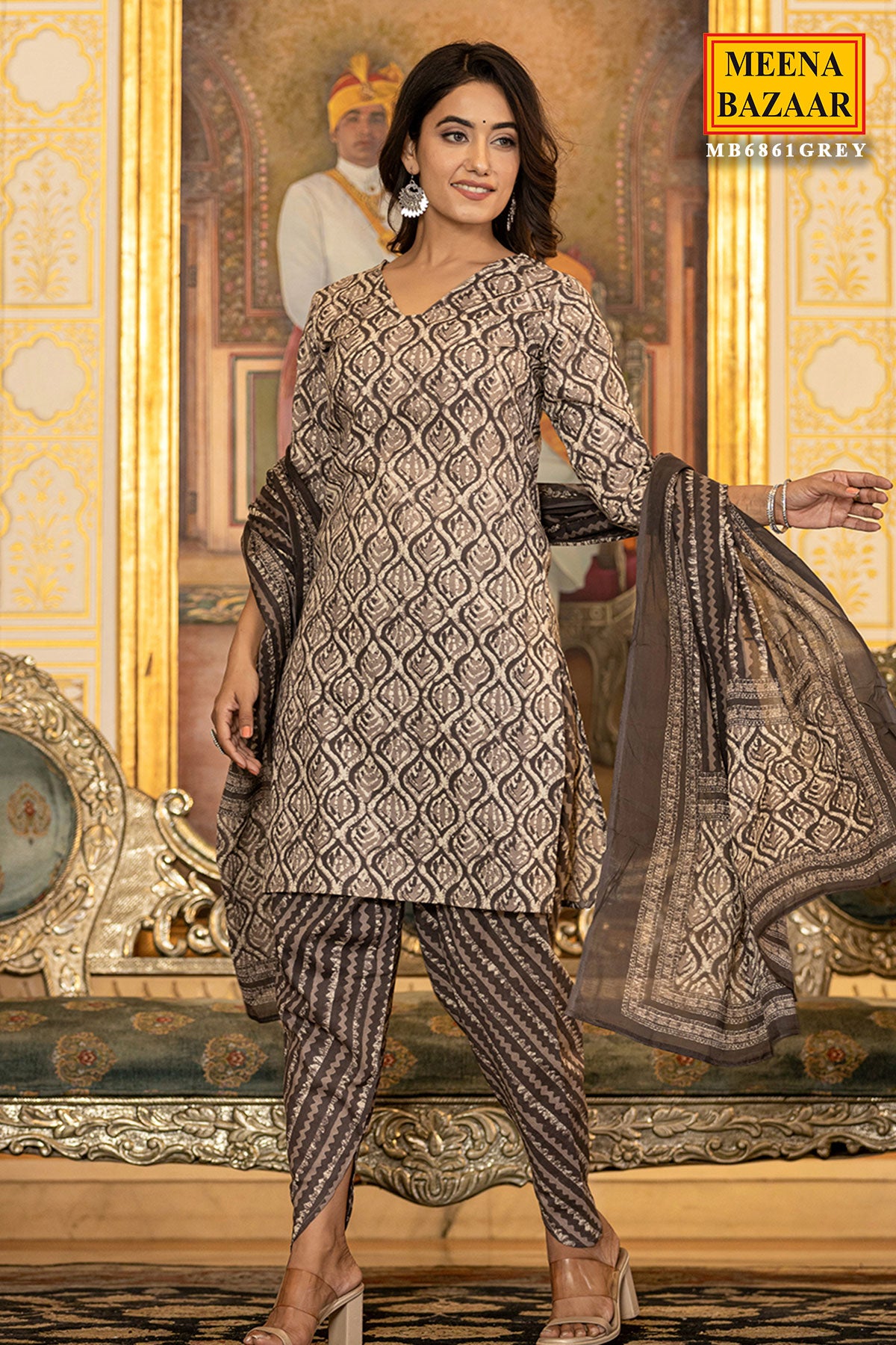 Grey Cotton Straight Kurta With Dhoti Pants & Dupatta