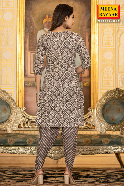 Grey Cotton Straight Kurta With Dhoti Pants & Dupatta