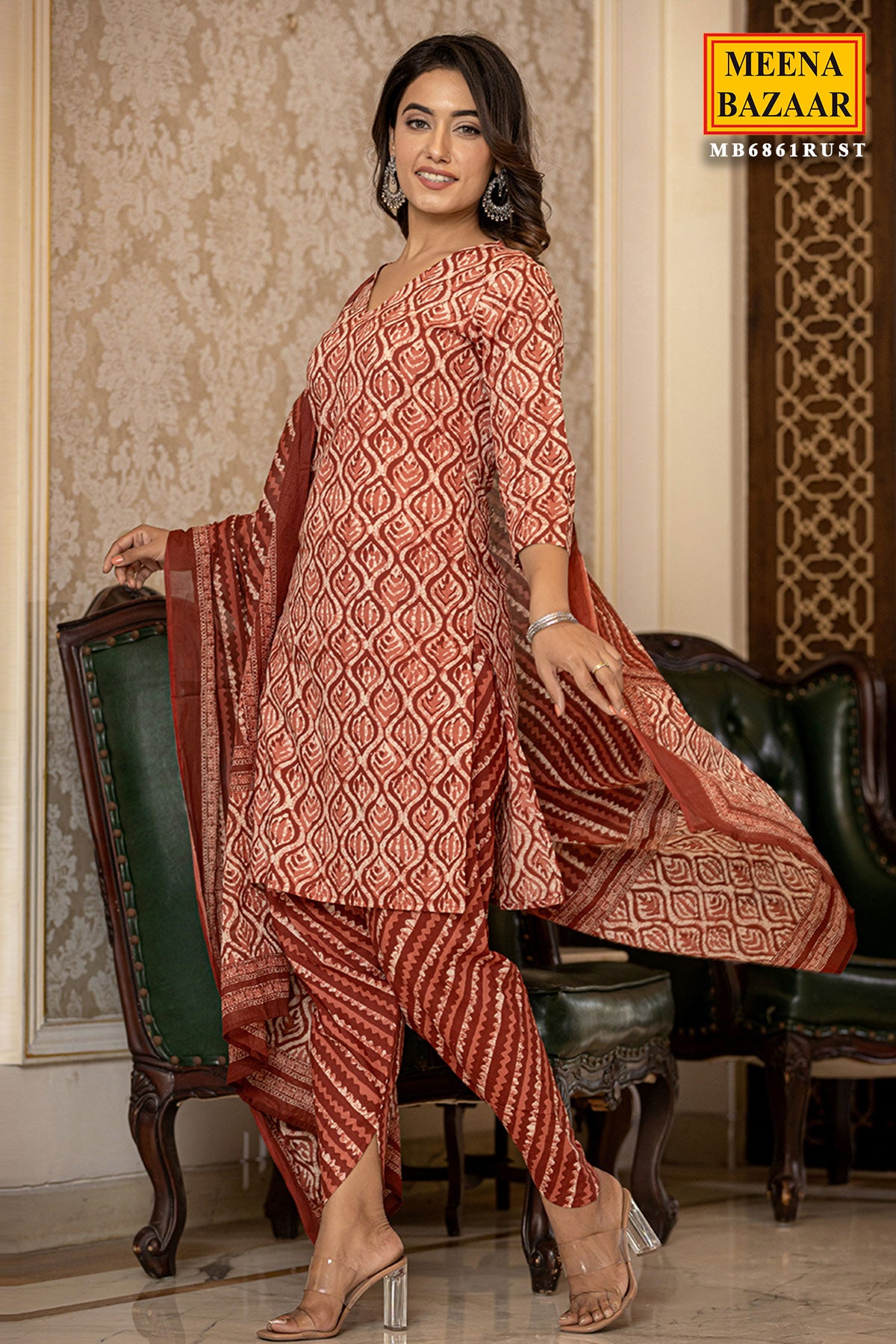 Rust Cotton Straight Kurta With Dhoti Pants & Dupatta