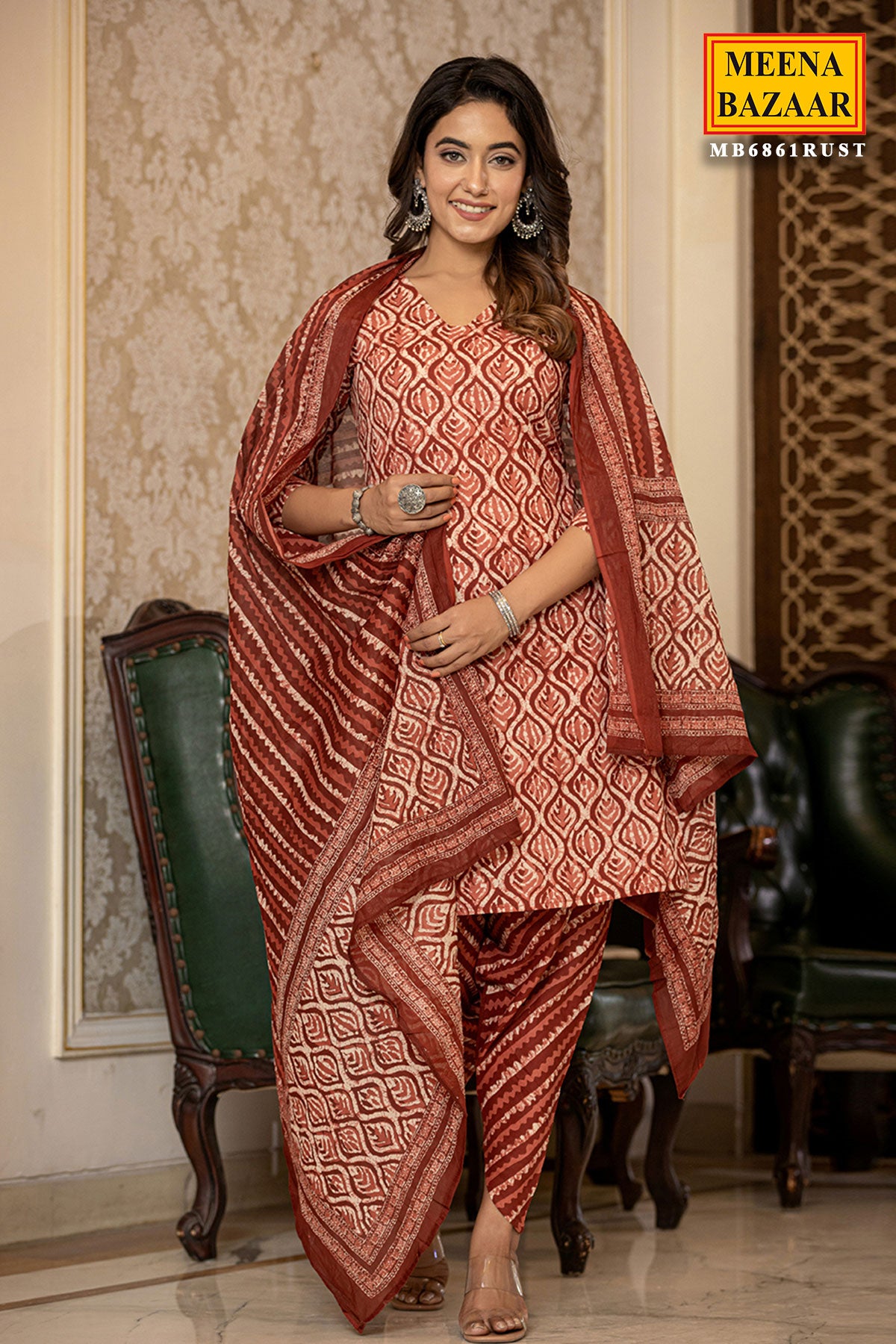 Rust Cotton Straight Kurta With Dhoti Pants & Dupatta