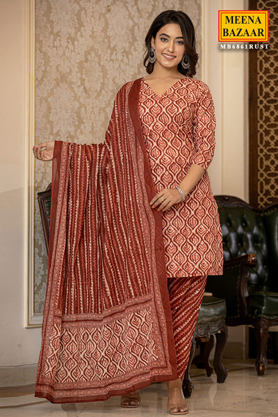 Rust Cotton Straight Kurta With Dhoti Pants & Dupatta