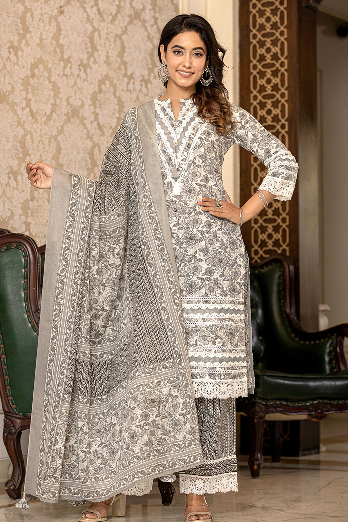 Grey Cotton Printed Kurta Palazzo Set With Dupatta