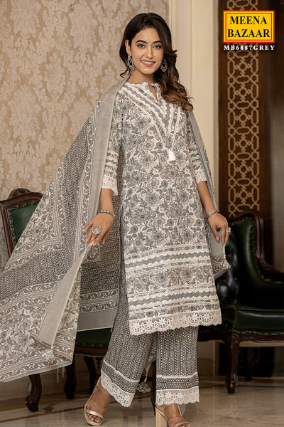 Grey Cotton Printed Kurta Palazzo Set With Dupatta