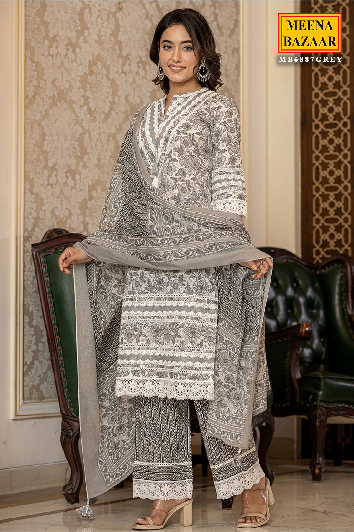 Grey Cotton Printed Kurta Palazzo Set With Dupatta