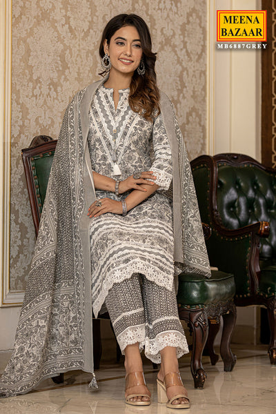 Grey Cotton Printed Kurta Palazzo Set With Dupatta