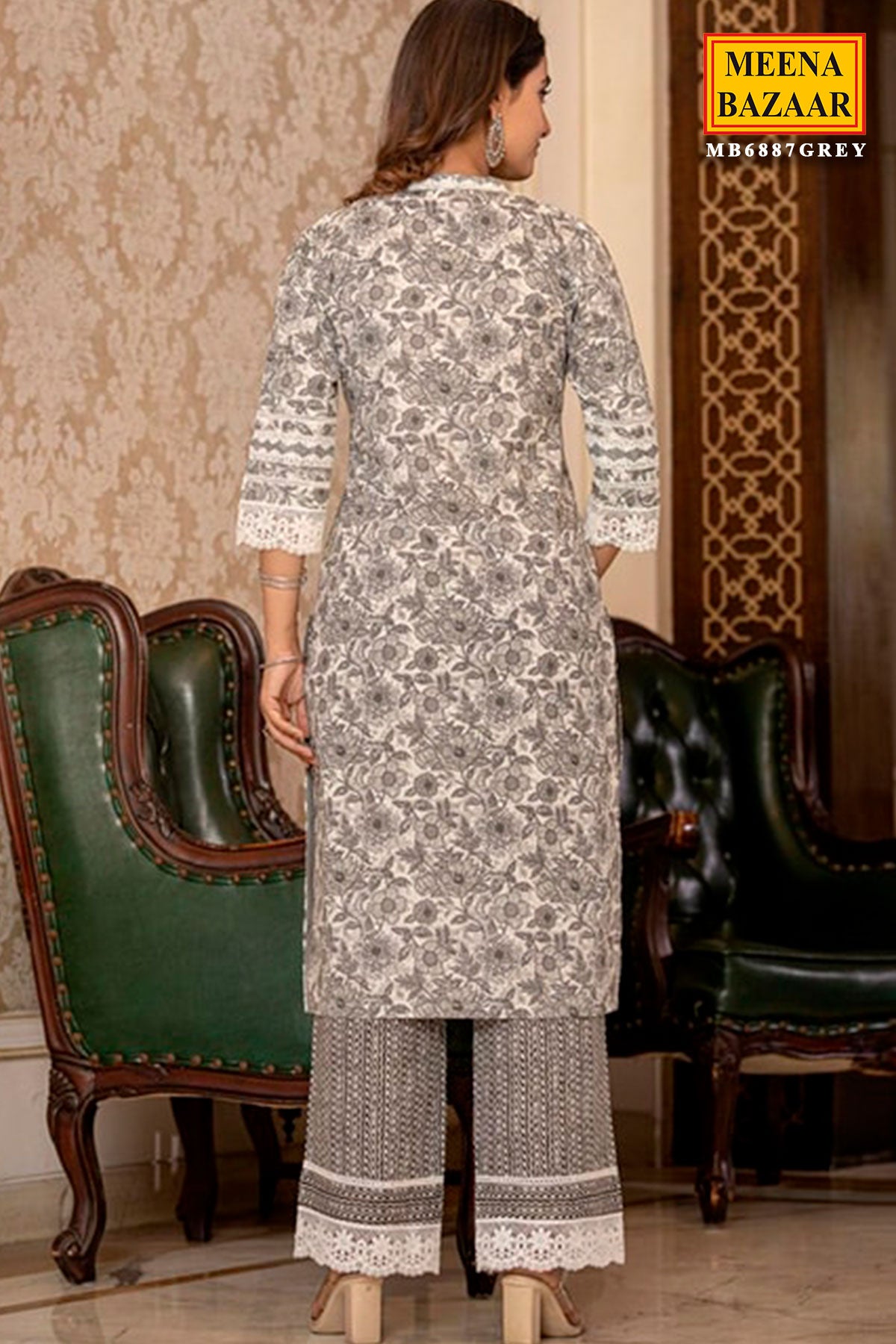 Grey Cotton Printed Kurta Palazzo Set With Dupatta