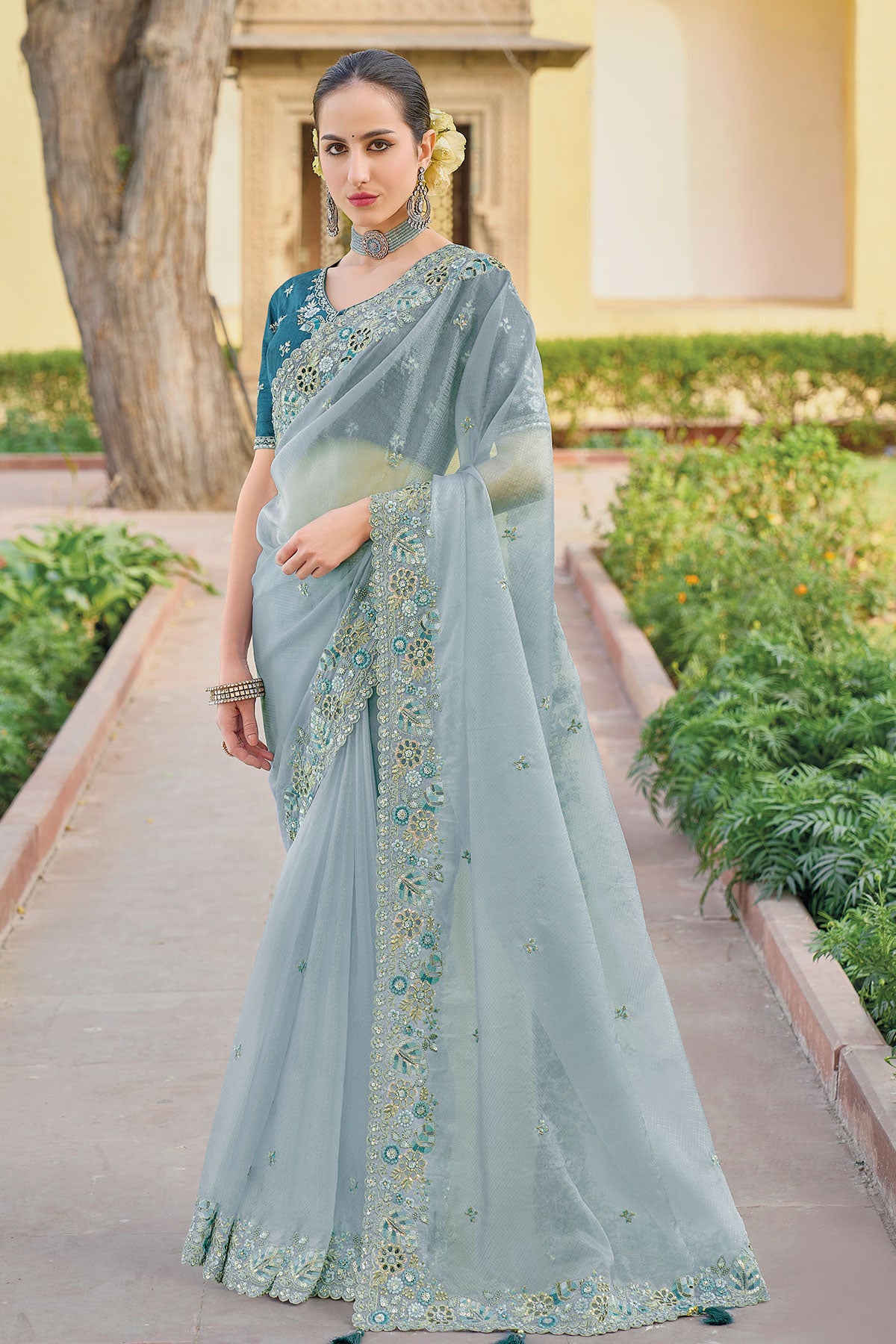 Light Blue Tissue Organza Embroidered Saree