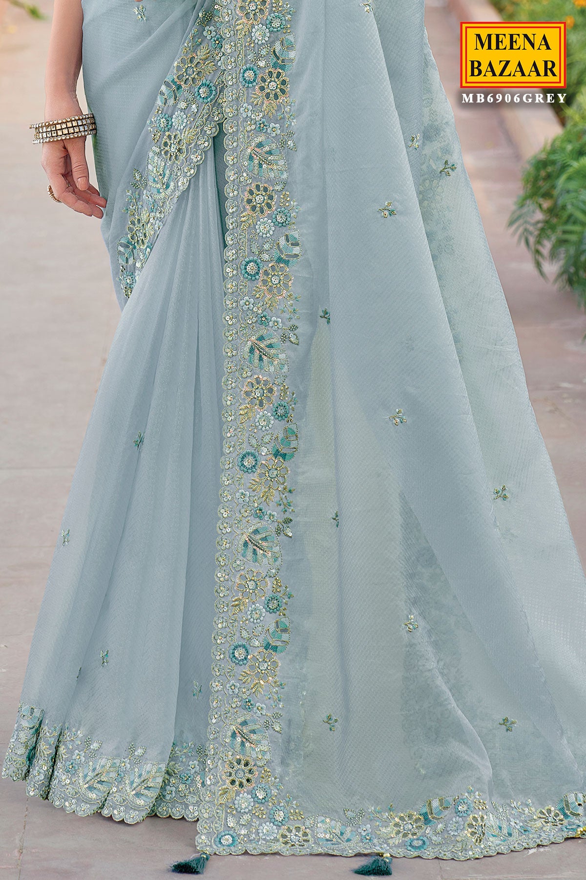 Light Blue Tissue Organza Embroidered Saree