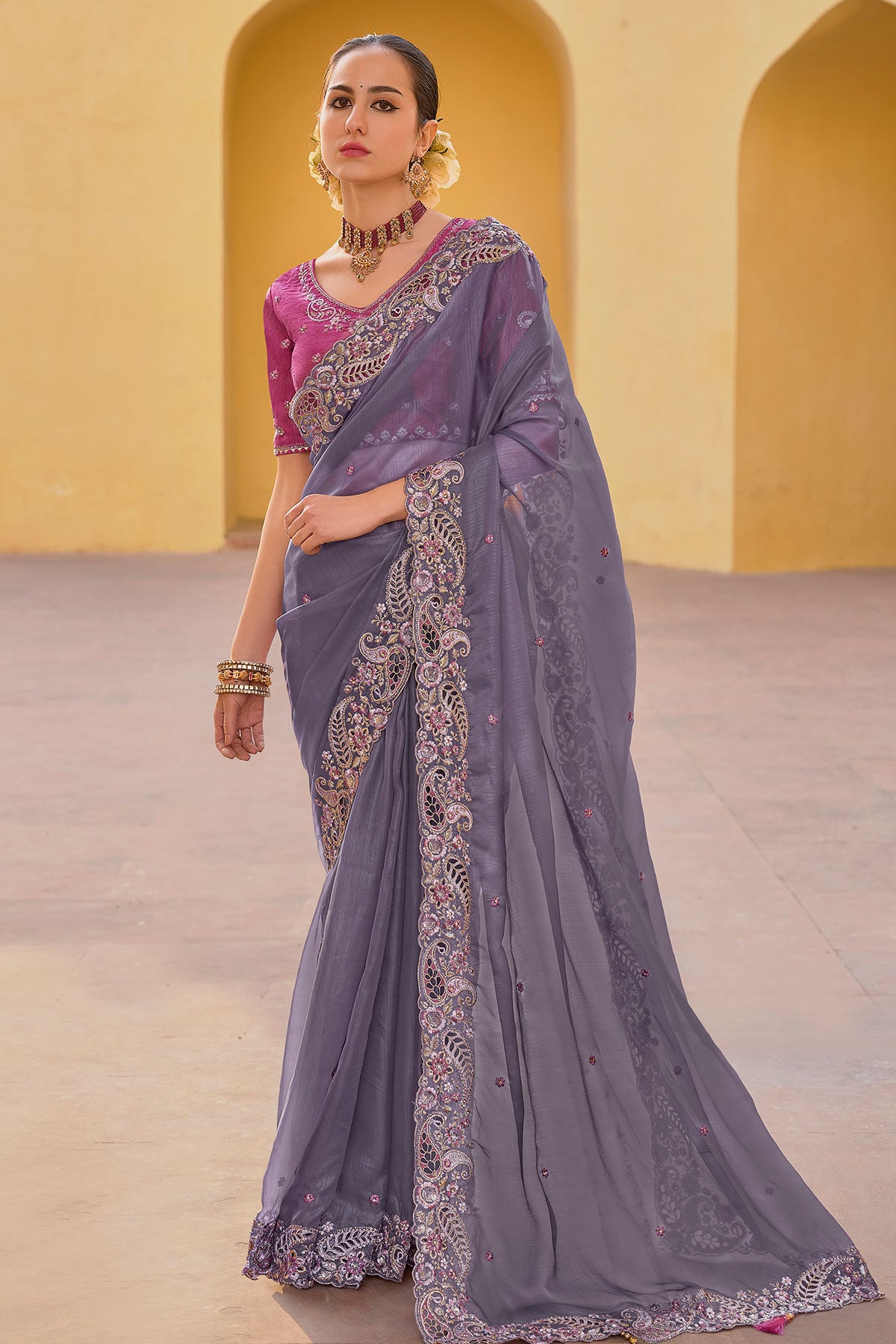 Purple Tissue Organza Embroidered Saree