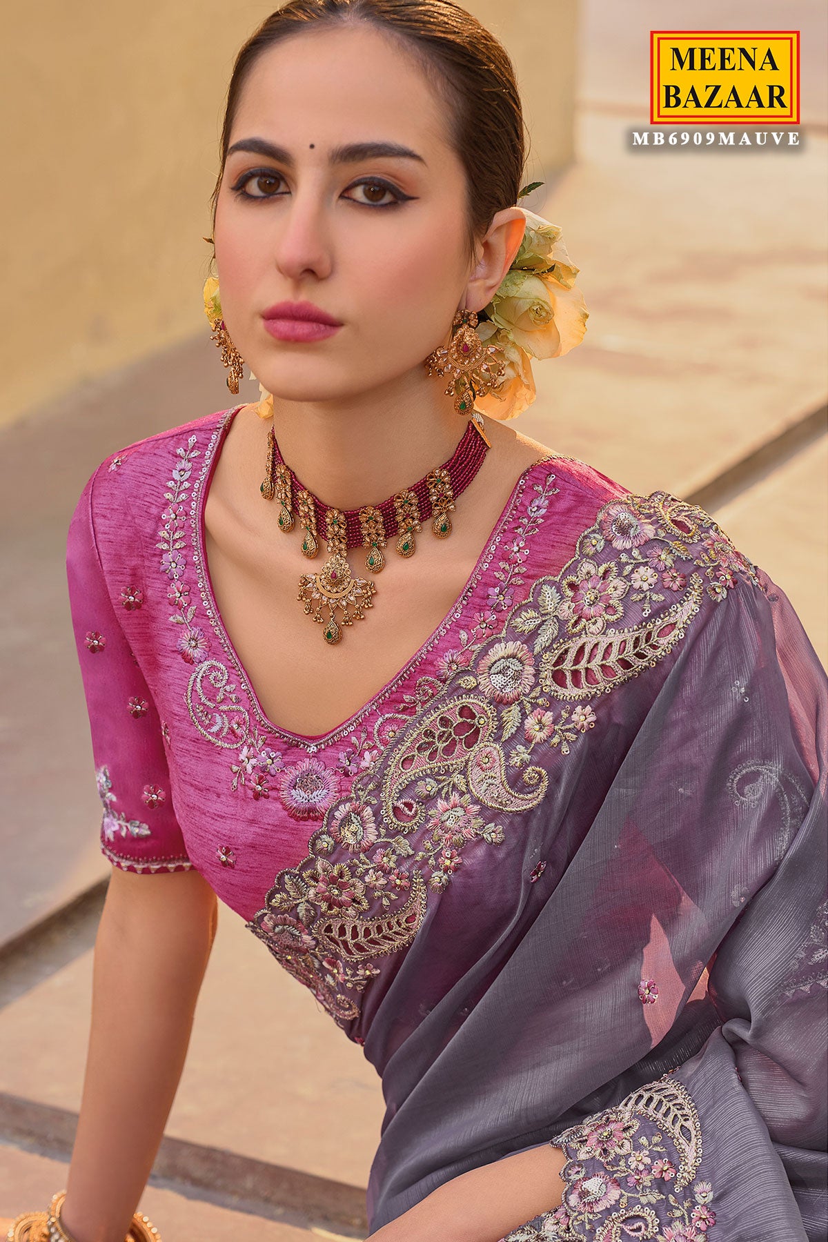 Purple Tissue Organza Embroidered Saree