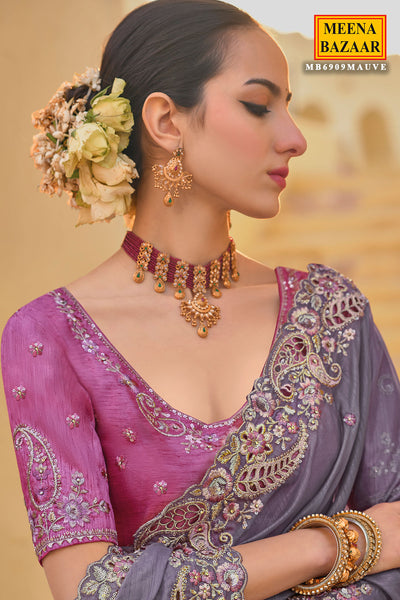 Purple Tissue Organza Embroidered Saree