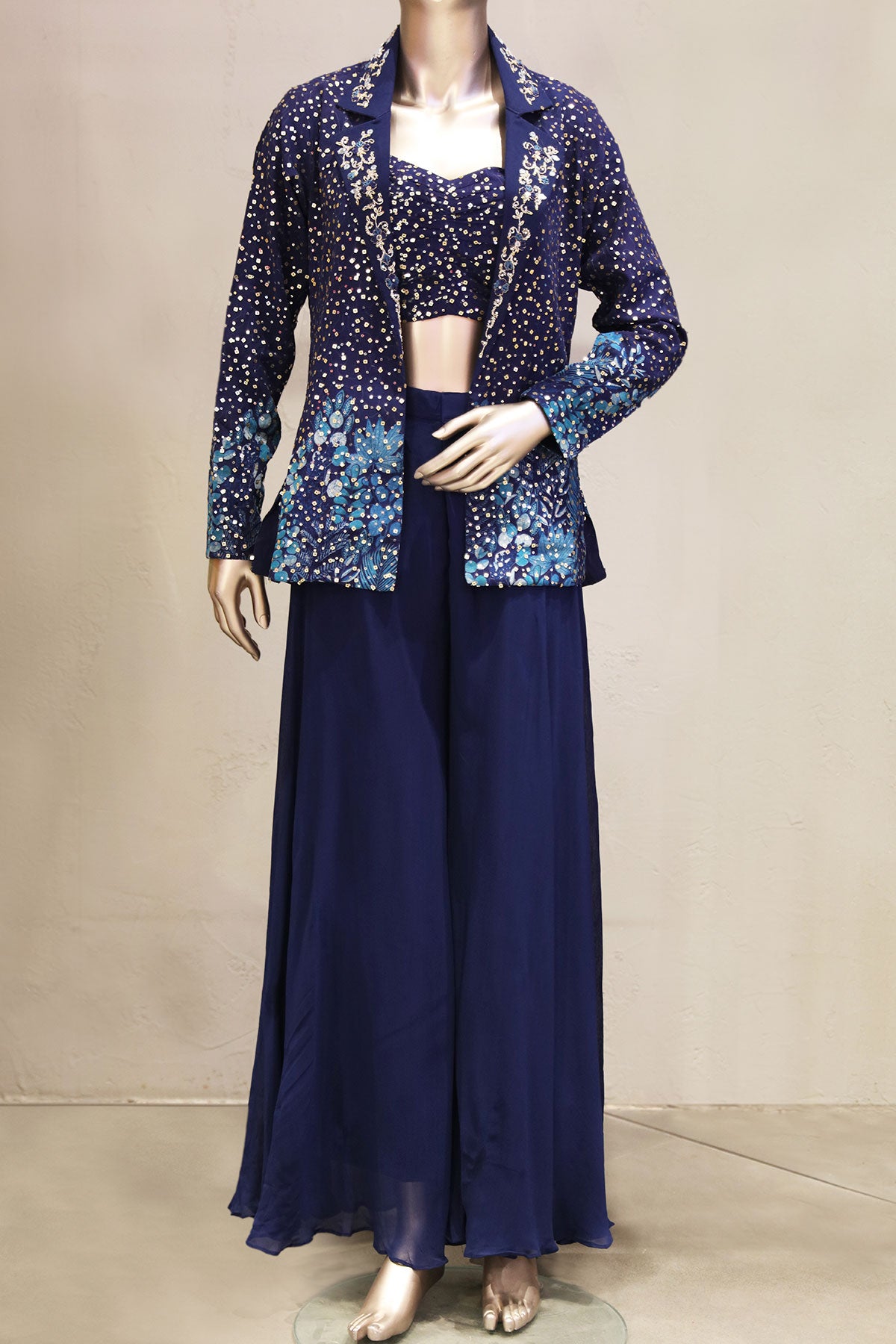 Navy Blue Georgette Jacket Style Embroidered Bustier With Palazzo