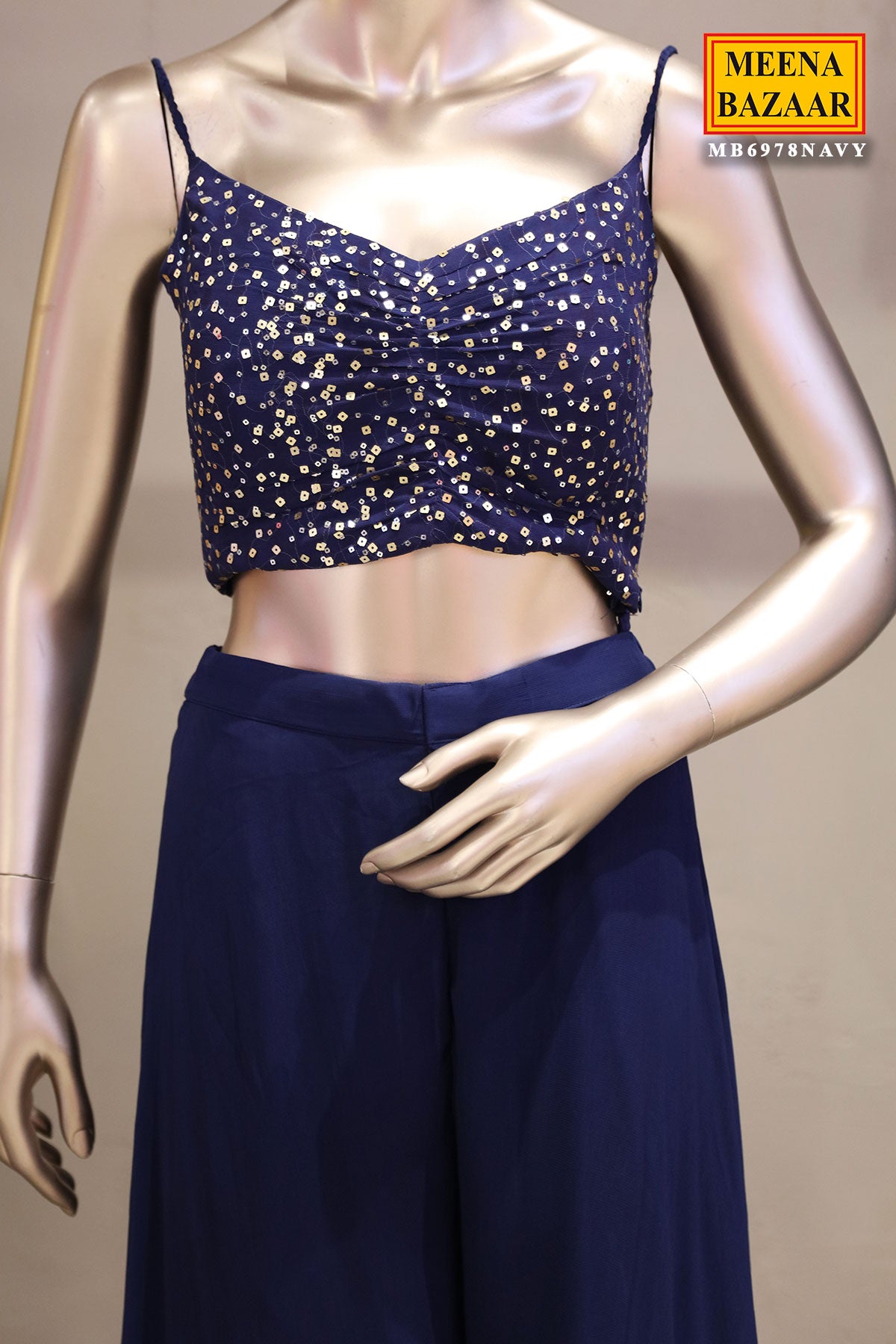 Navy Blue Georgette Jacket Style Embroidered Bustier With Palazzo