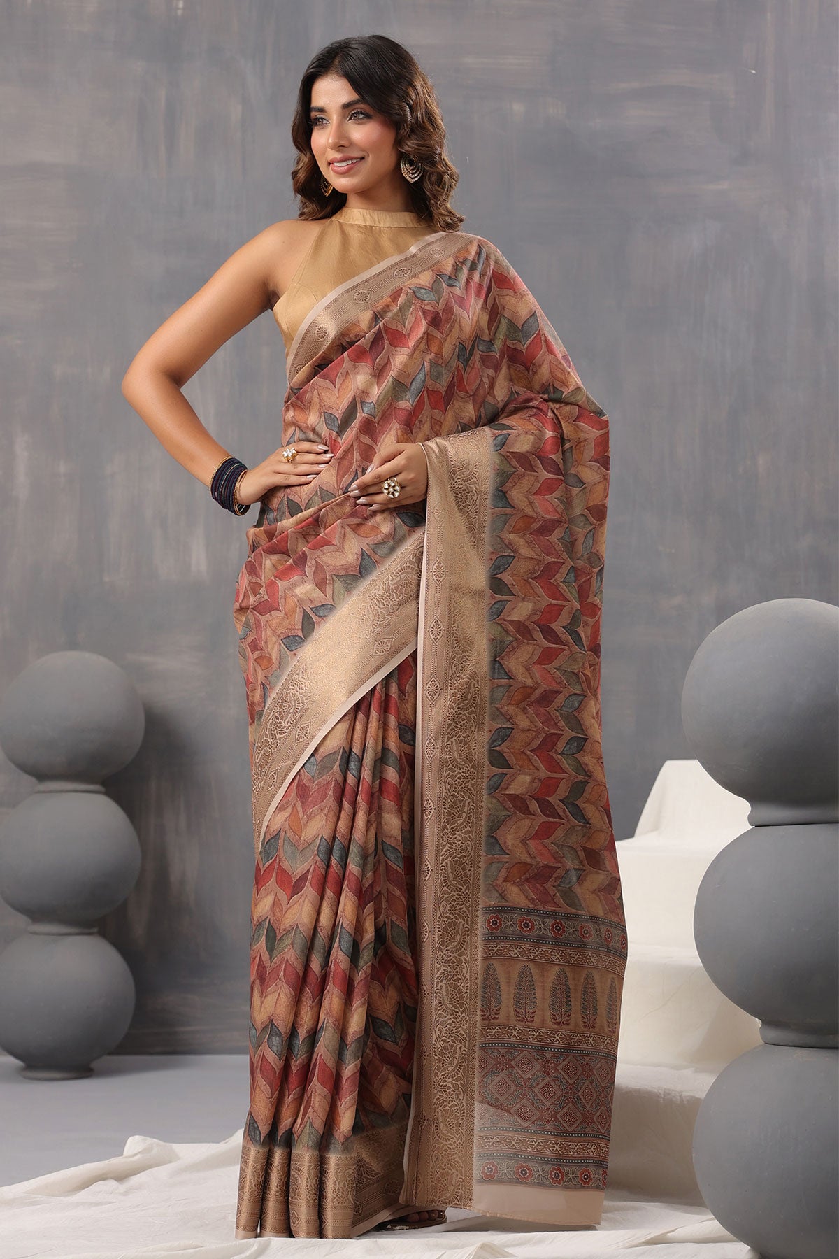 Brown Crepe Printed Woven Saree