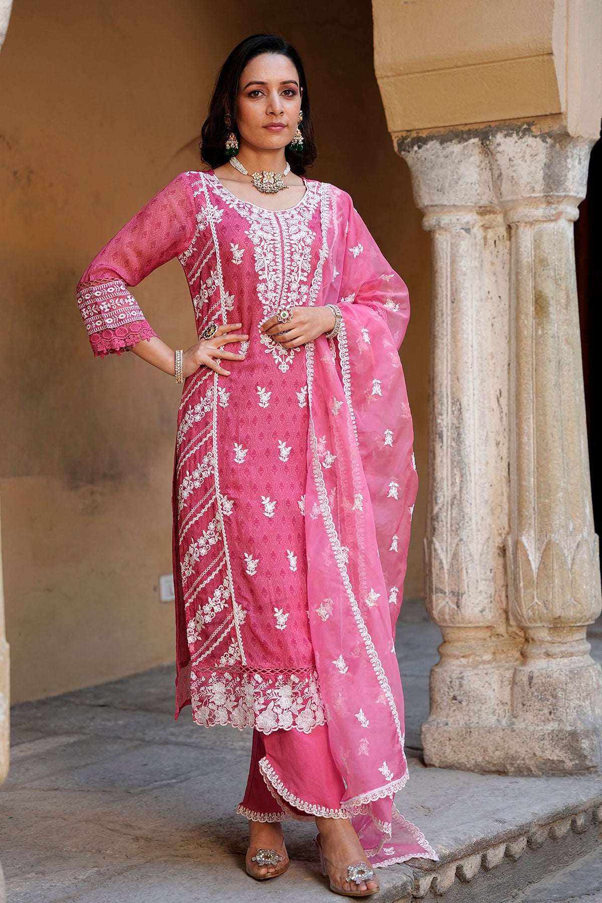 Gajari Georgette Suit Set with Lace Work Embroidery