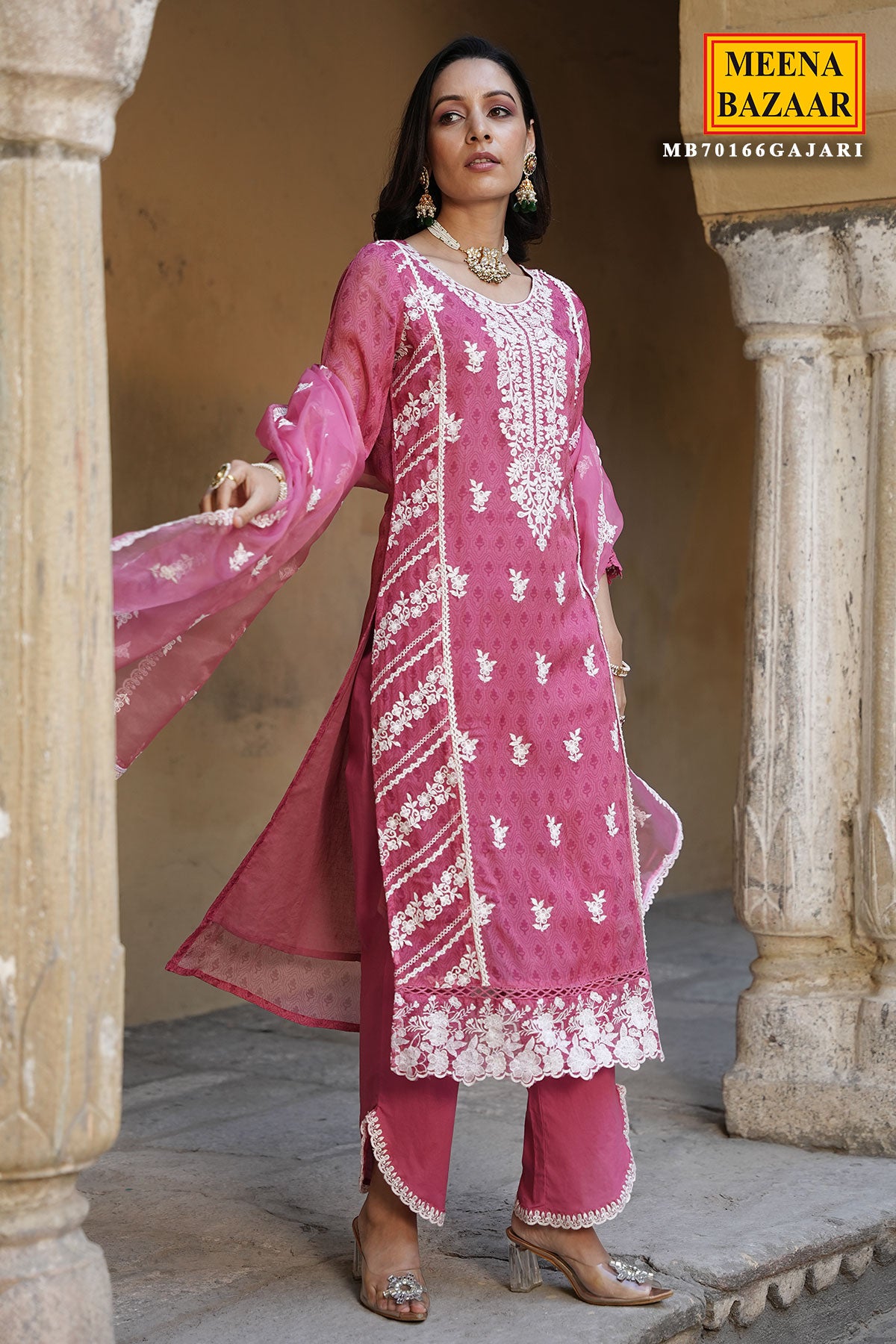 Gajari Georgette Suit Set with Lace Work Embroidery