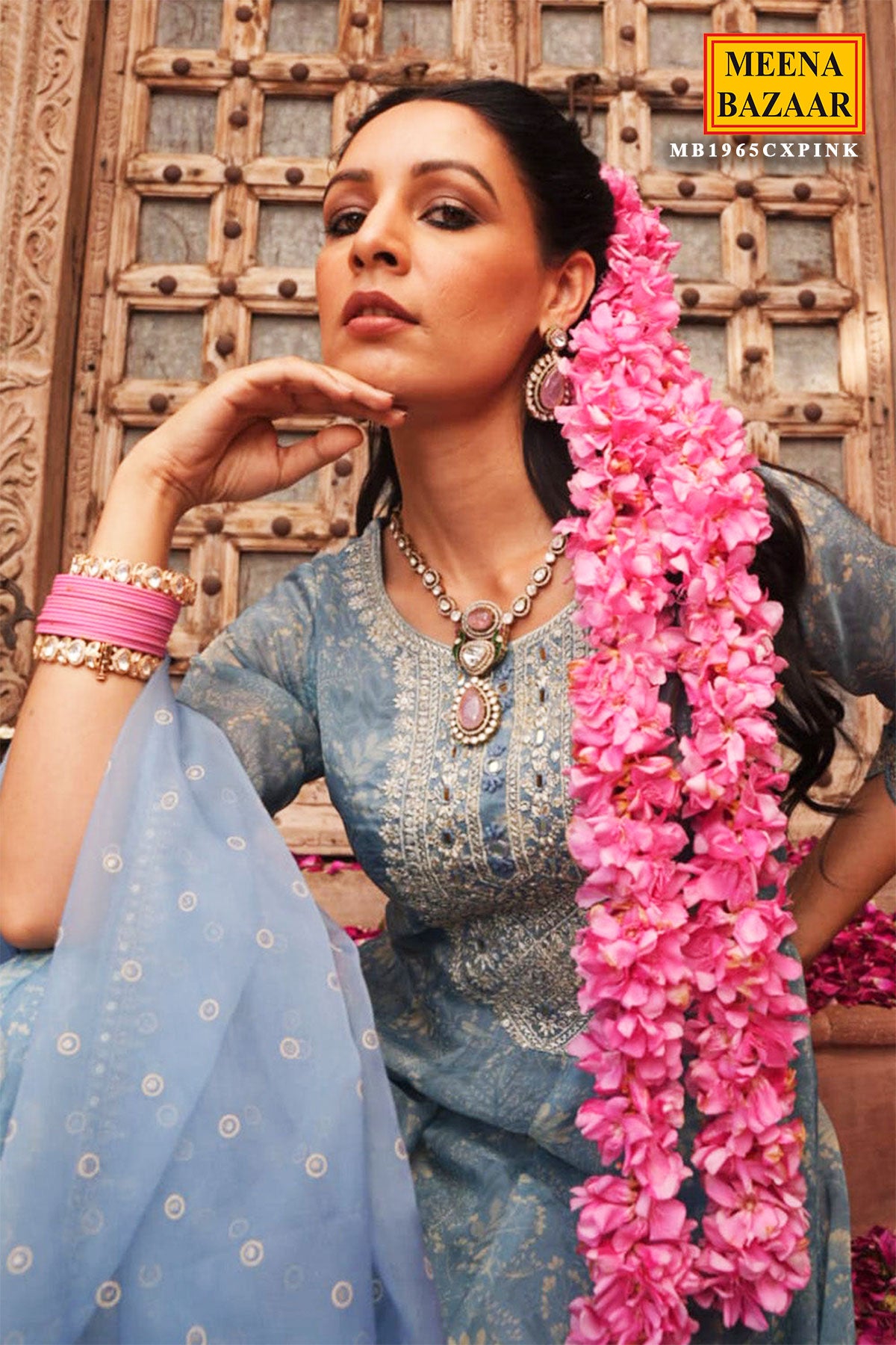 Light Blue Organza Floral Printed Zari Embroidered Suit with Dupatta
