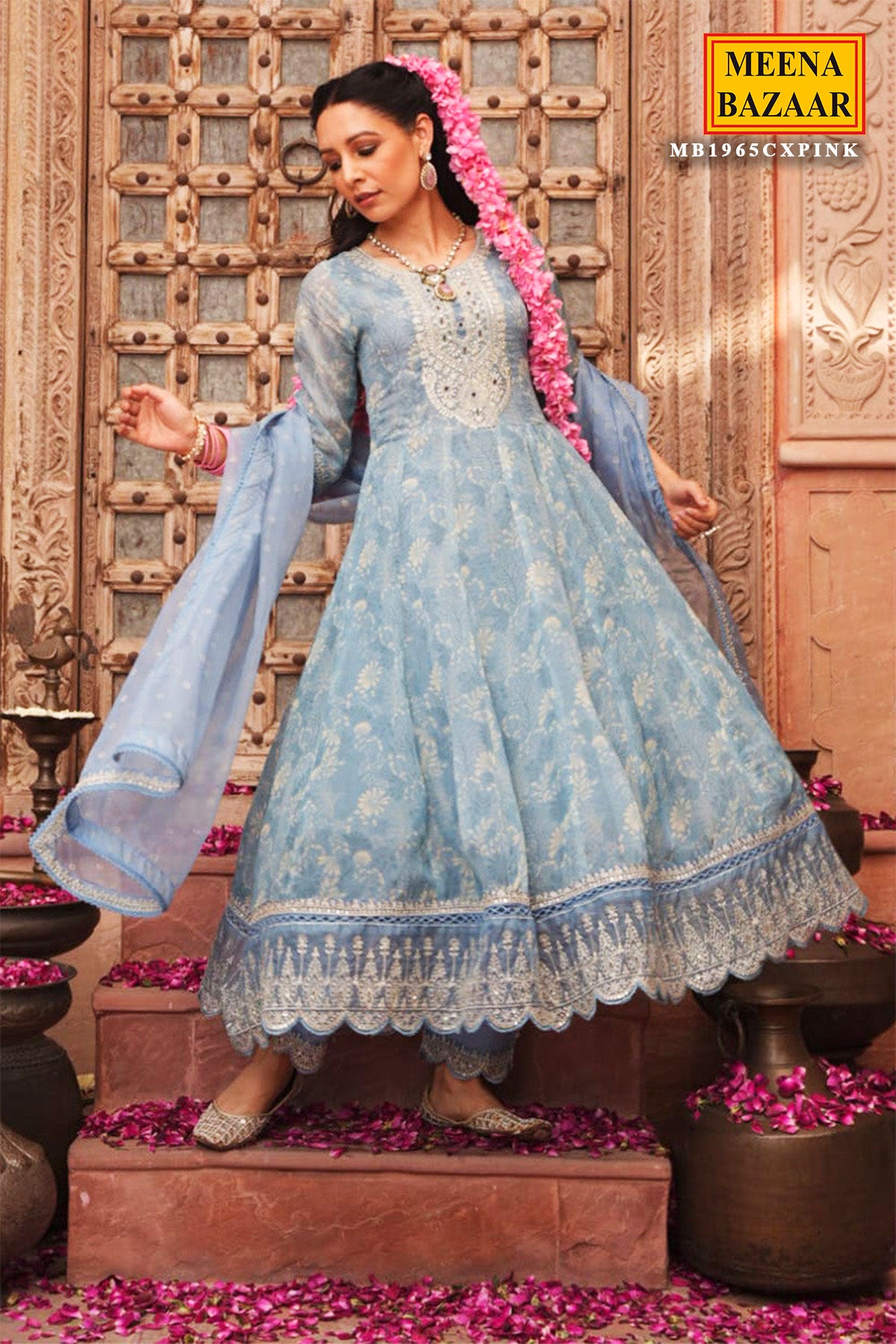 Light Blue Organza Floral Printed Zari Embroidered Suit with Dupatta