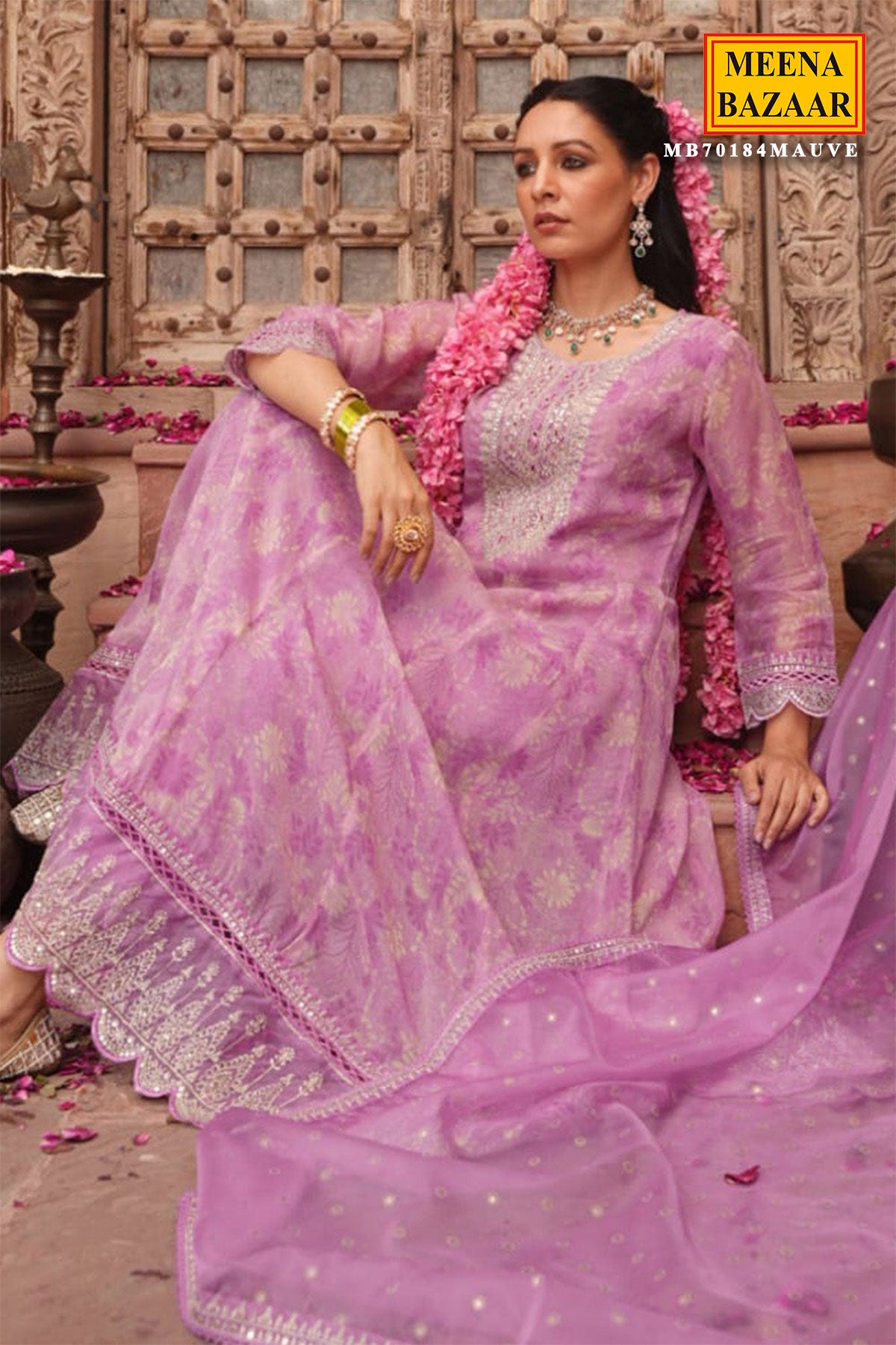 Mauve Organza Floral Printed Zari Embroidered Suit with Dupatta