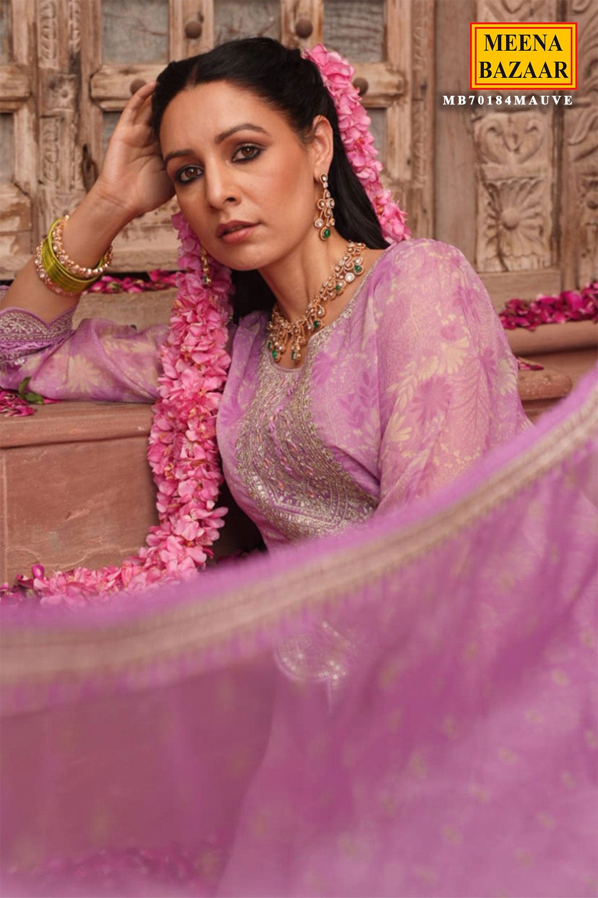 Mauve Organza Floral Printed Zari Embroidered Suit with Dupatta