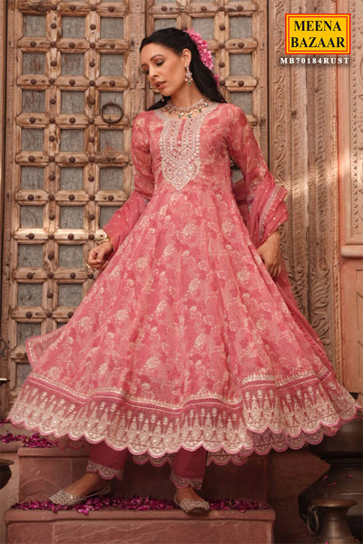Rust Organza Floral Printed Zari Embroidered Suit with Dupatta