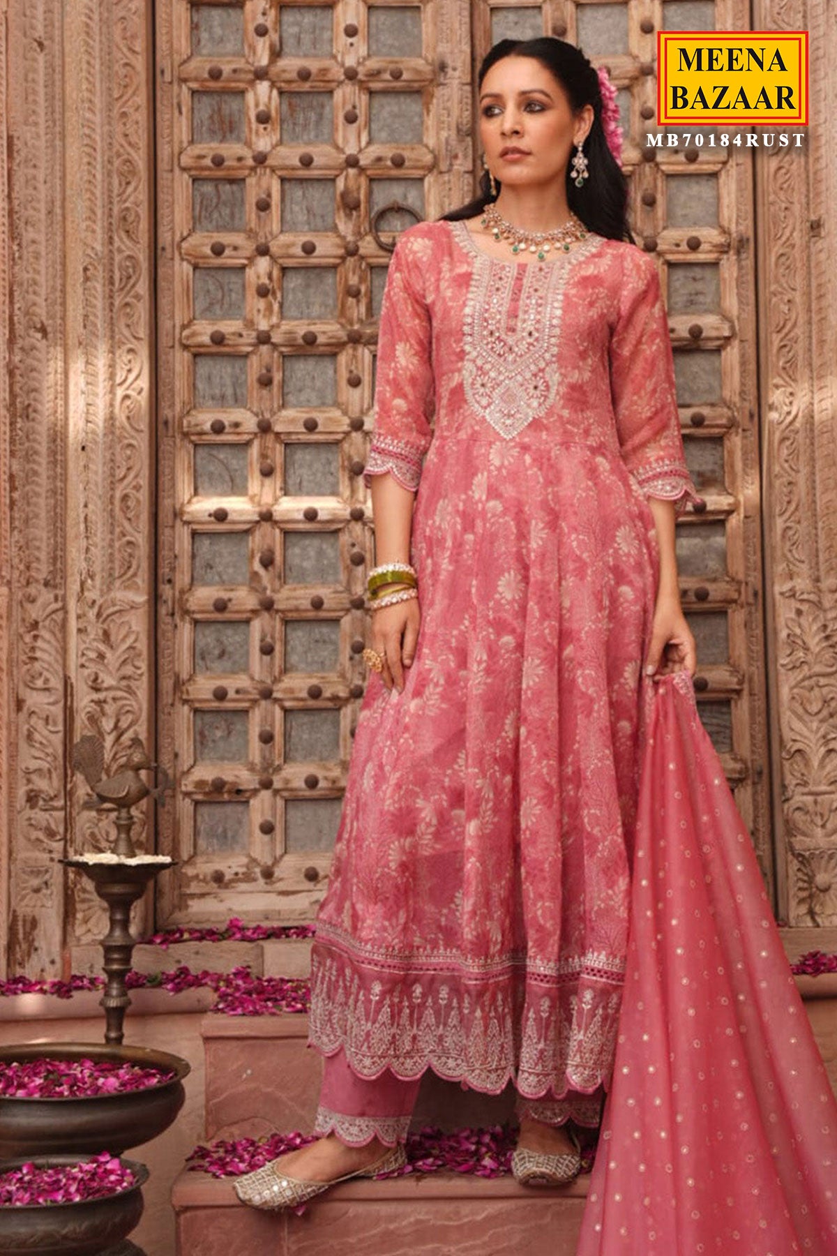 Rust Organza Floral Printed Zari Embroidered Suit with Dupatta