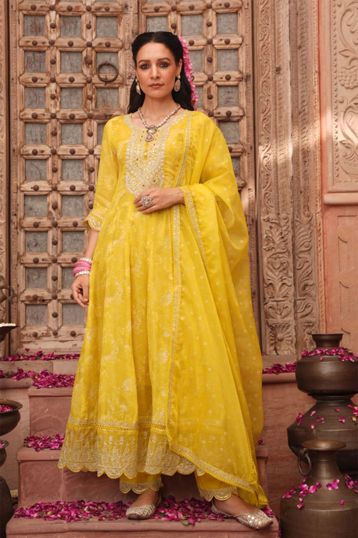 Yellow Organza Floral Printed Zari Embroidered Suit with Dupatta
