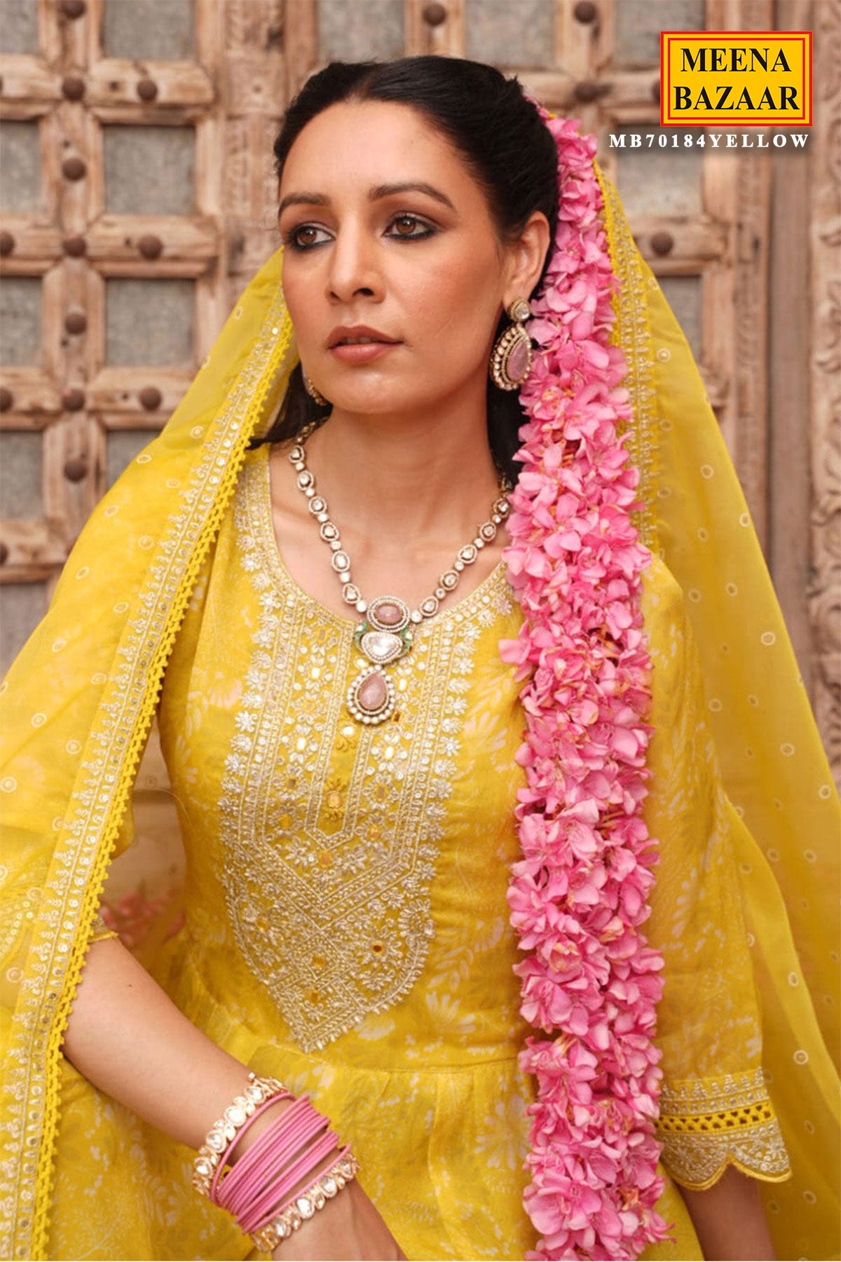Yellow Organza Floral Printed Zari Embroidered Suit with Dupatta