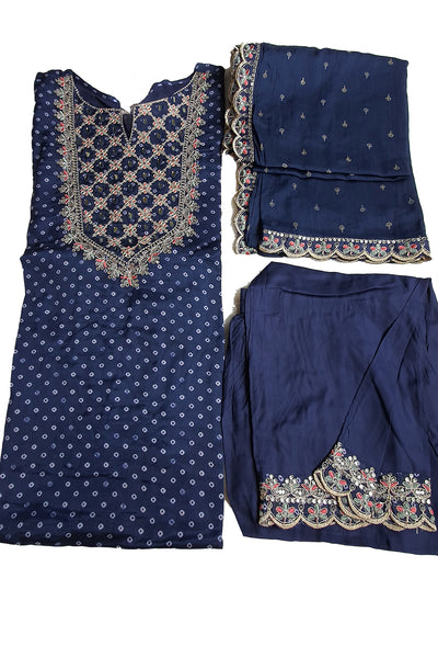 Navy Crepe Bandhani Printed Sequin Neck Embroidered Suit