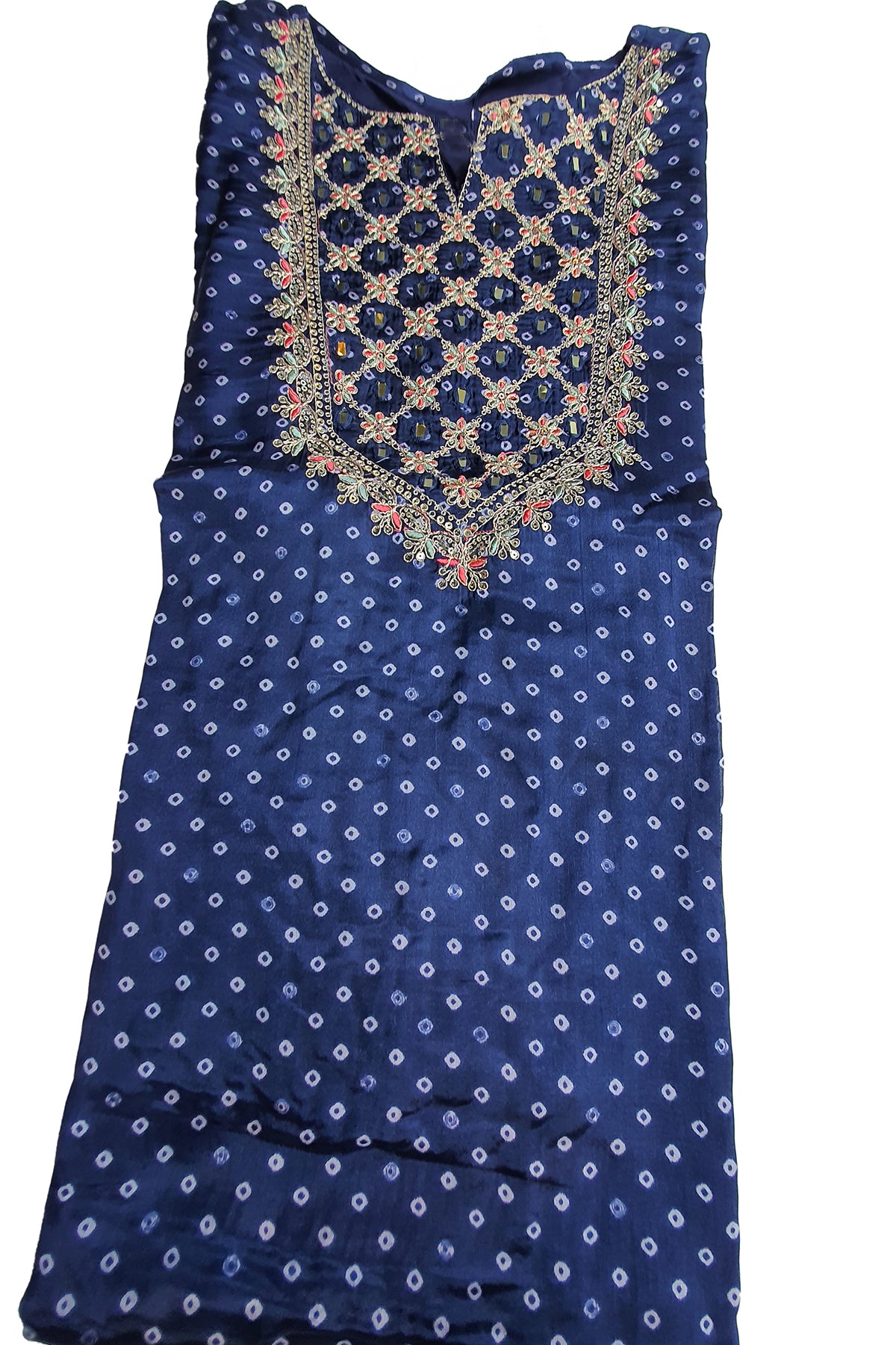 Navy Crepe Bandhani Printed Sequin Neck Embroidered Suit