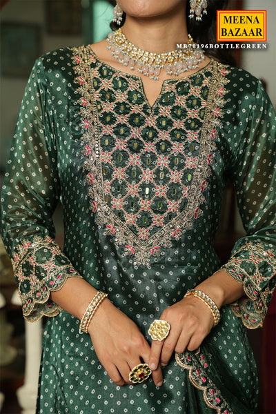 Bottle Green Crepe Bandhani Printed Sequin Neck Embroidered Suit