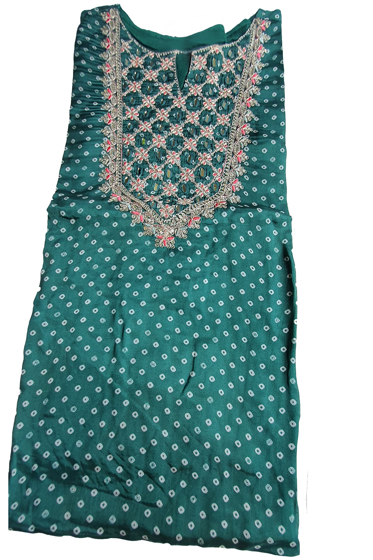 Bottle Green Crepe Bandhani Printed Sequin Neck Embroidered Suit