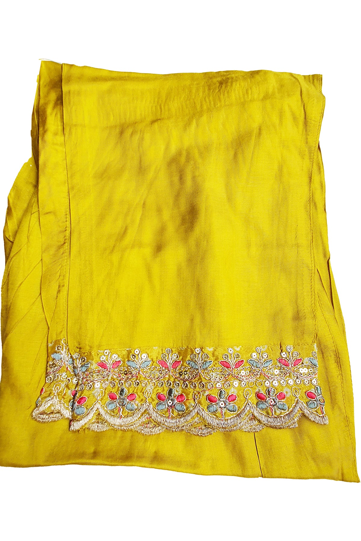 Mustard Crepe Bandhani Printed Sequin Neck Embroidered Suit