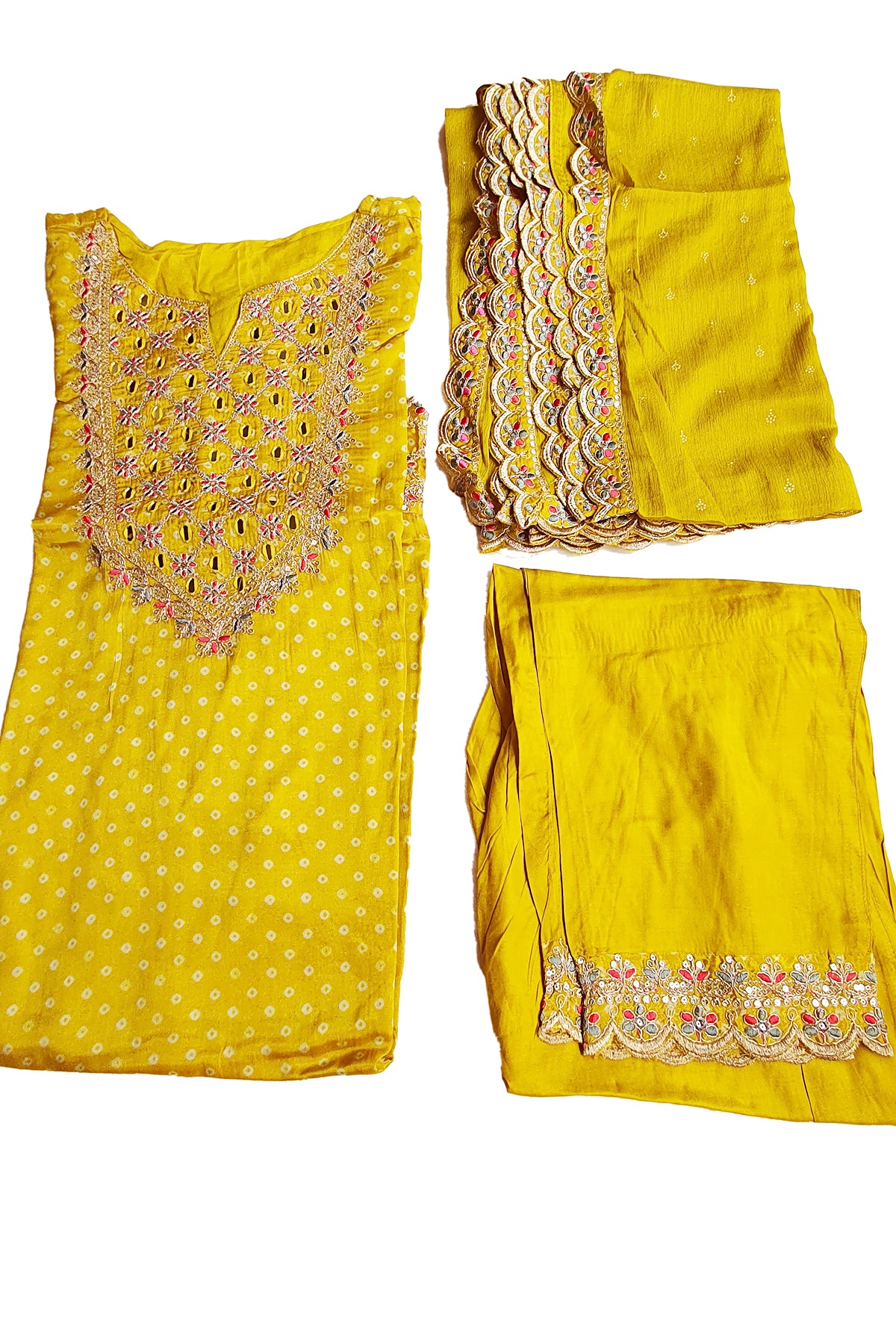 Mustard Crepe Bandhani Printed Sequin Neck Embroidered Suit