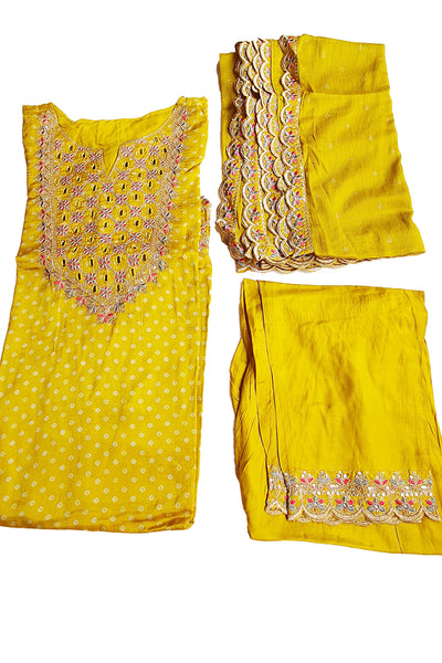 Mustard Crepe Bandhani Printed Sequin Neck Embroidered Suit