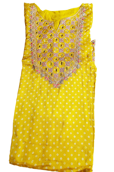 Mustard Crepe Bandhani Printed Sequin Neck Embroidered Suit