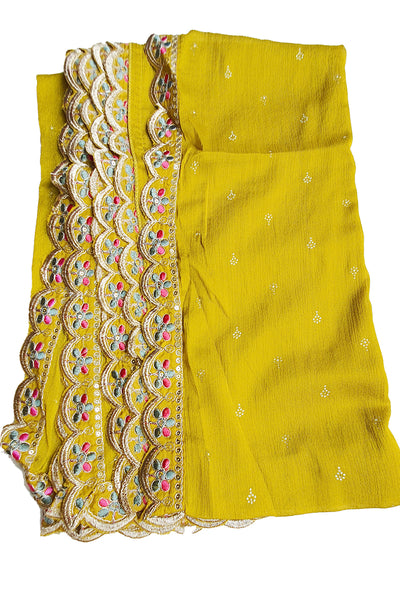 Mustard Crepe Bandhani Printed Sequin Neck Embroidered Suit