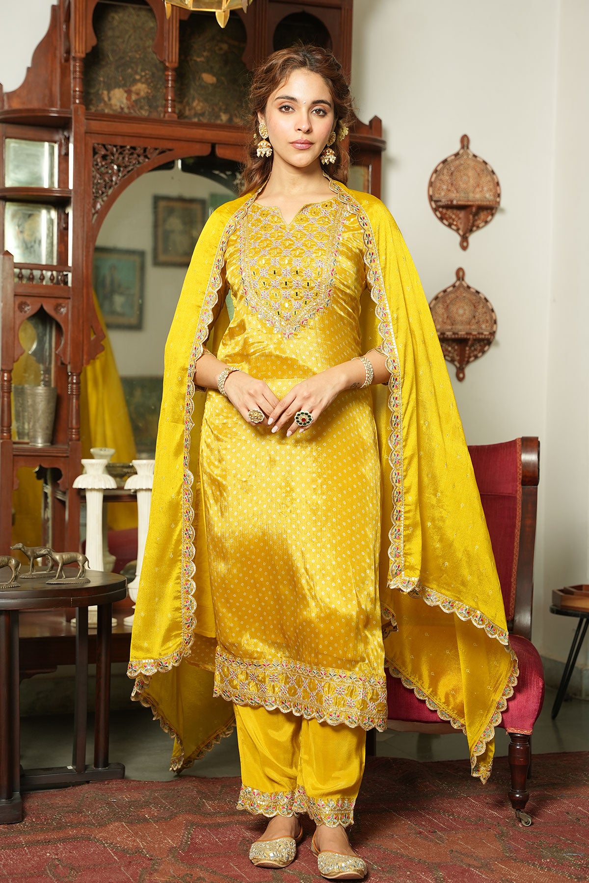 Mustard Crepe Bandhani Printed Sequin Neck Embroidered Suit