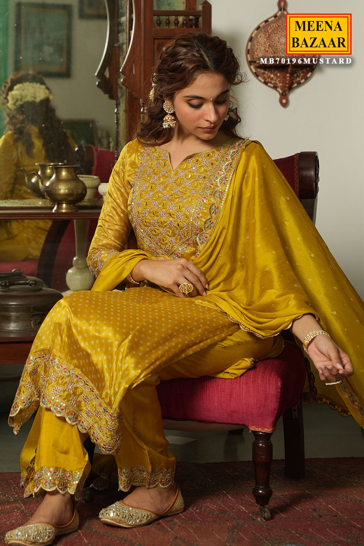 Mustard Crepe Bandhani Printed Sequin Neck Embroidered Suit