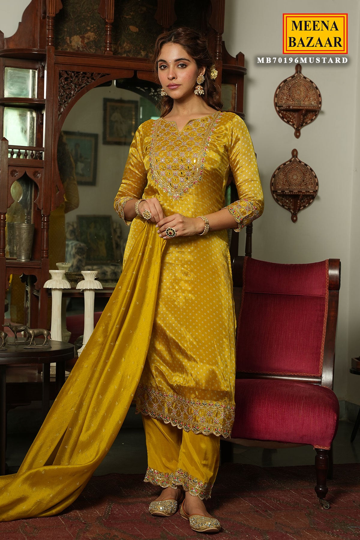 Mustard Crepe Bandhani Printed Sequin Neck Embroidered Suit