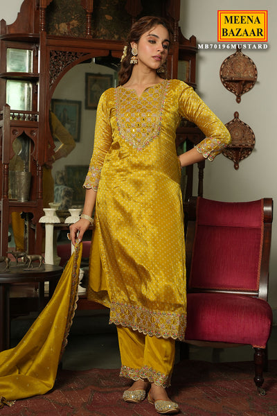 Mustard Crepe Bandhani Printed Sequin Neck Embroidered Suit