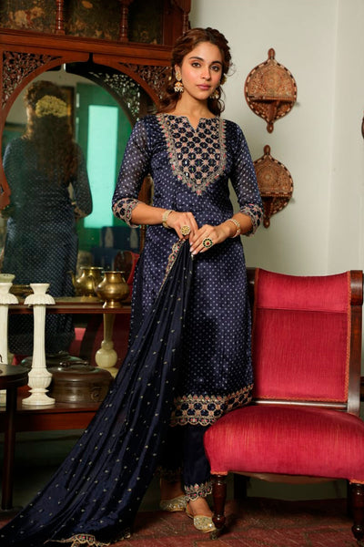 Navy Crepe Bandhani Printed Sequin Neck Embroidered Suit