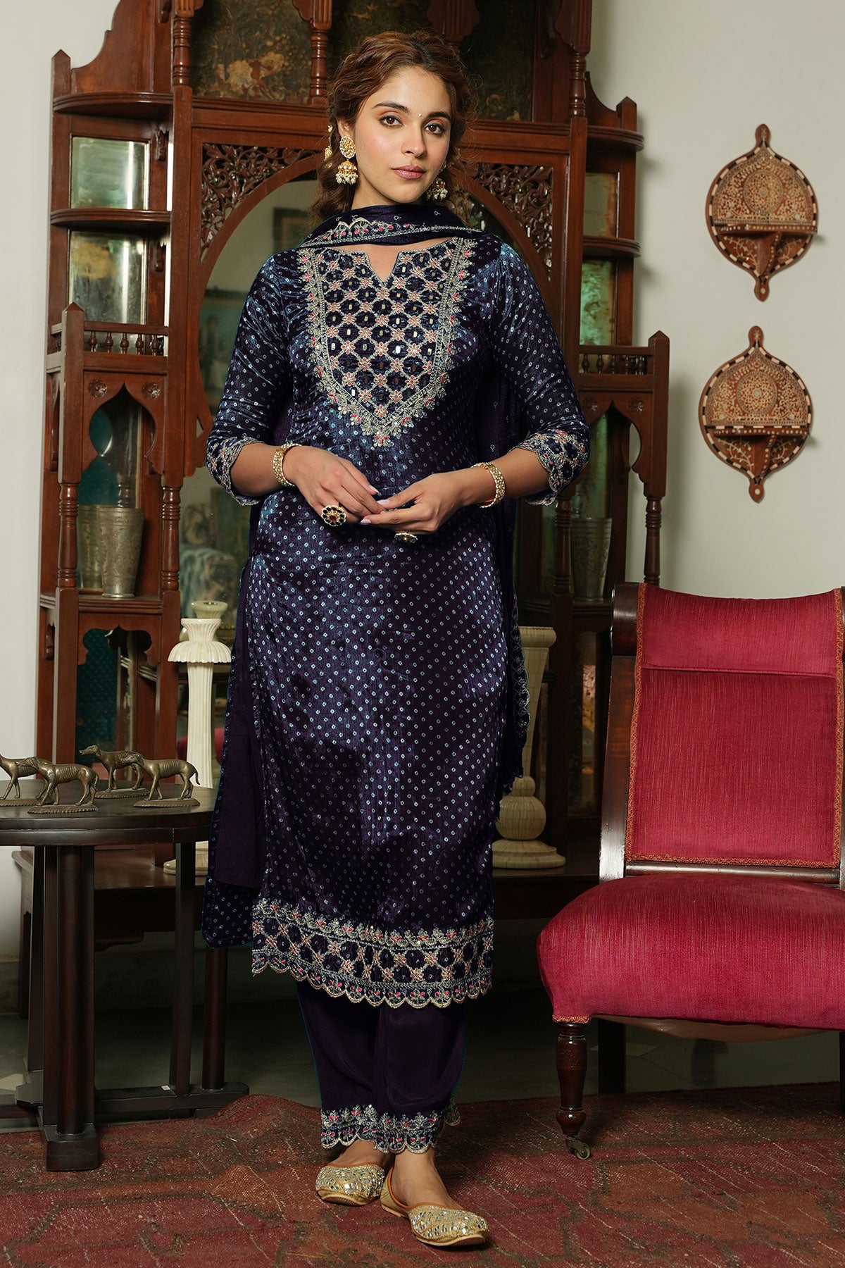 Navy Crepe Bandhani Printed Sequin Neck Embroidered Suit