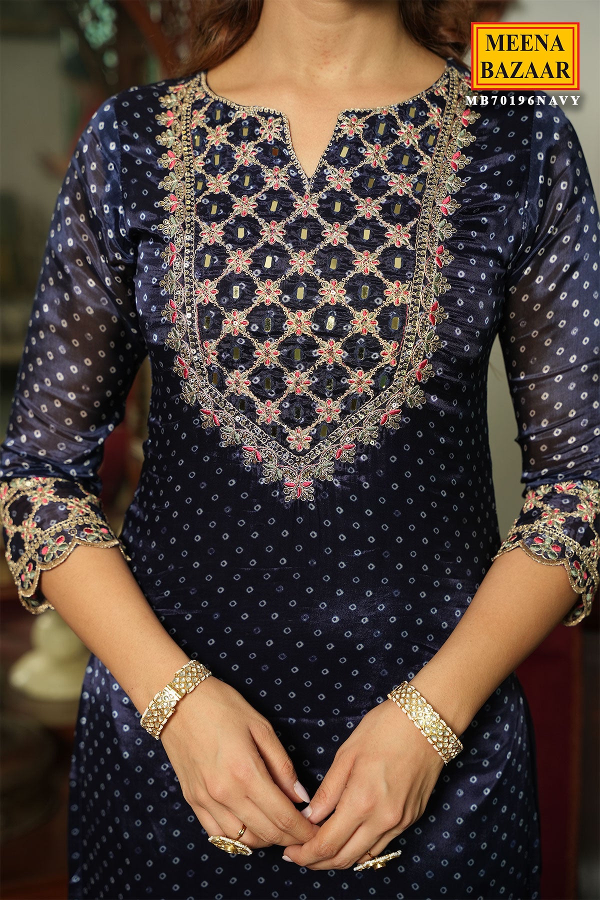 Navy Crepe Bandhani Printed Sequin Neck Embroidered Suit