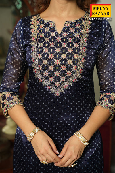 Navy Crepe Bandhani Printed Sequin Neck Embroidered Suit