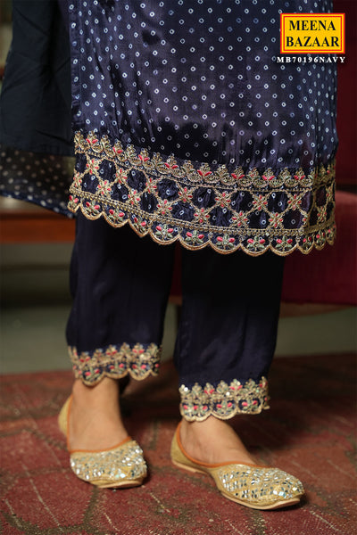 Navy Crepe Bandhani Printed Sequin Neck Embroidered Suit