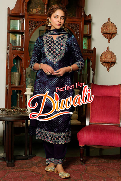 Navy Crepe Bandhani Printed Sequin Neck Embroidered Suit