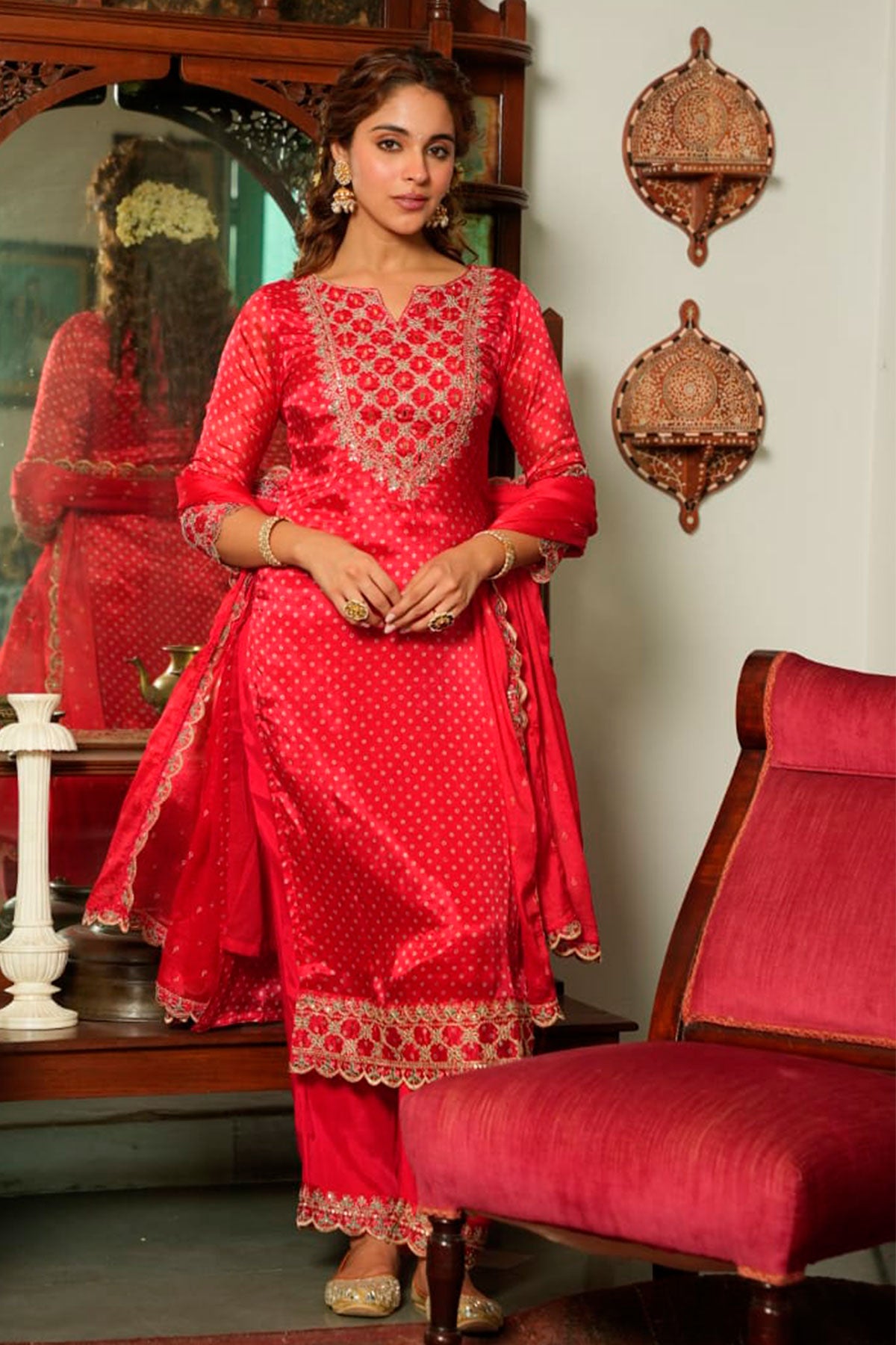 Red Crepe Bandhani Printed Sequin Neck Embroidered Suit